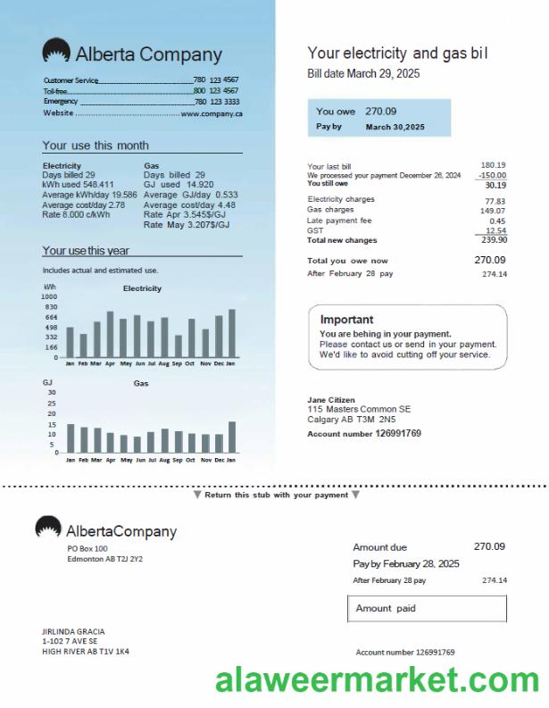 Canada Alberta Company utility bill template in Word and PDF formats